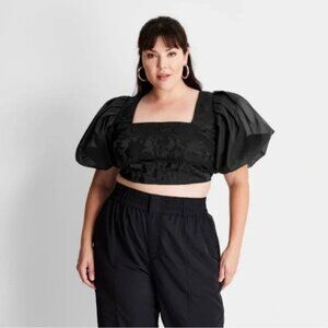 Future Collective by Kahlana Barfield Brown black crop puff sleeve shirt 16W/18W